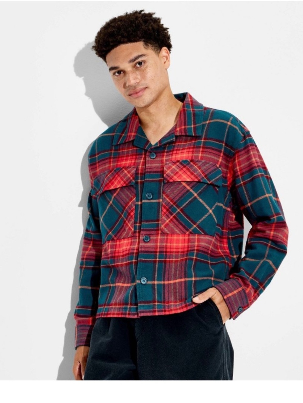 Original Use Men Checked Cropped Flannel Camp Shirt. Sz S.